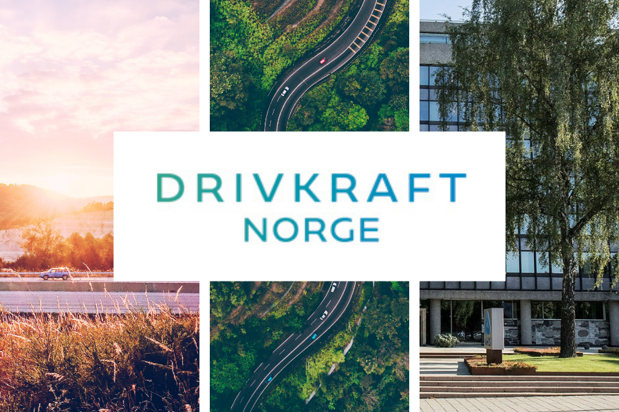 Drivkraft Norge logo og bakgrunn delt i tre veifylt sol, bilvei med skog og kontorbygning