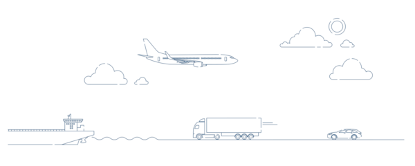 Illustrasjon med hvit bakgrunn og blå tegning av diverse kjøretøyer 