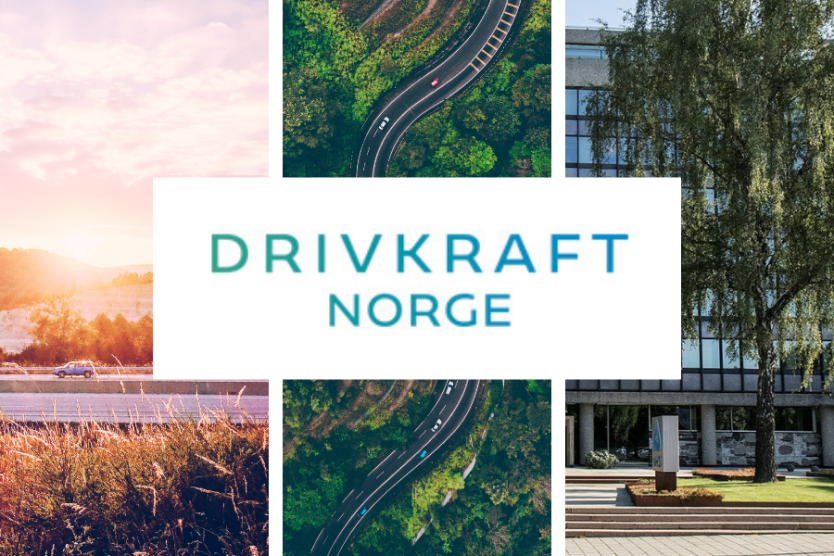 Drivkraft Norges logo med tredelt bilde i bakgrunnen av solfylt vei, vei omgitt av skog og Næringslivets Hus i Oslo.