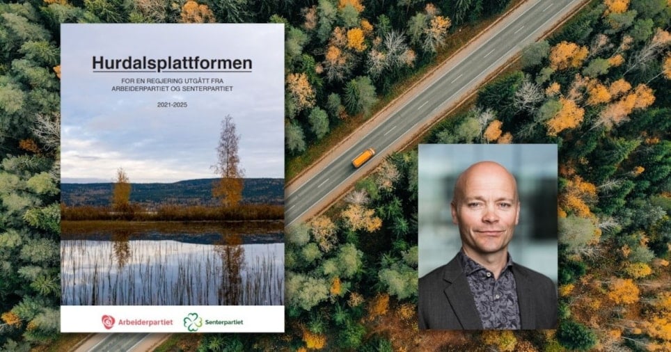 Forsidebilde Hurdalsplattformen, portrettfoto Einar Gotaas og vei med skog i bakgrunnen