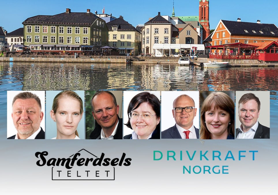 Banner Arendalsuka med paneldeltakere og logoene til Samferdselsteltet og Drivkraft Norge