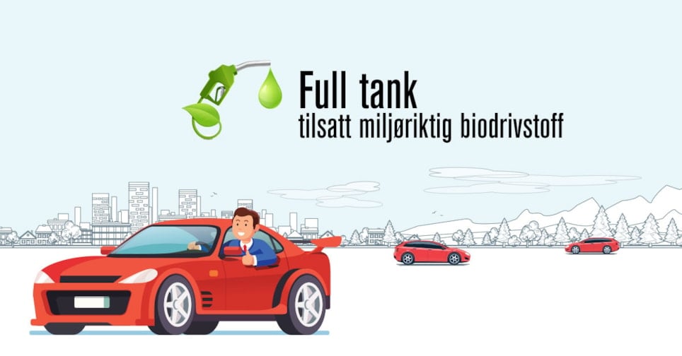 Illustrasjon av mann som sitter i bil med teksten "Full tank tilsatt miljøriktig biodrivstoff"